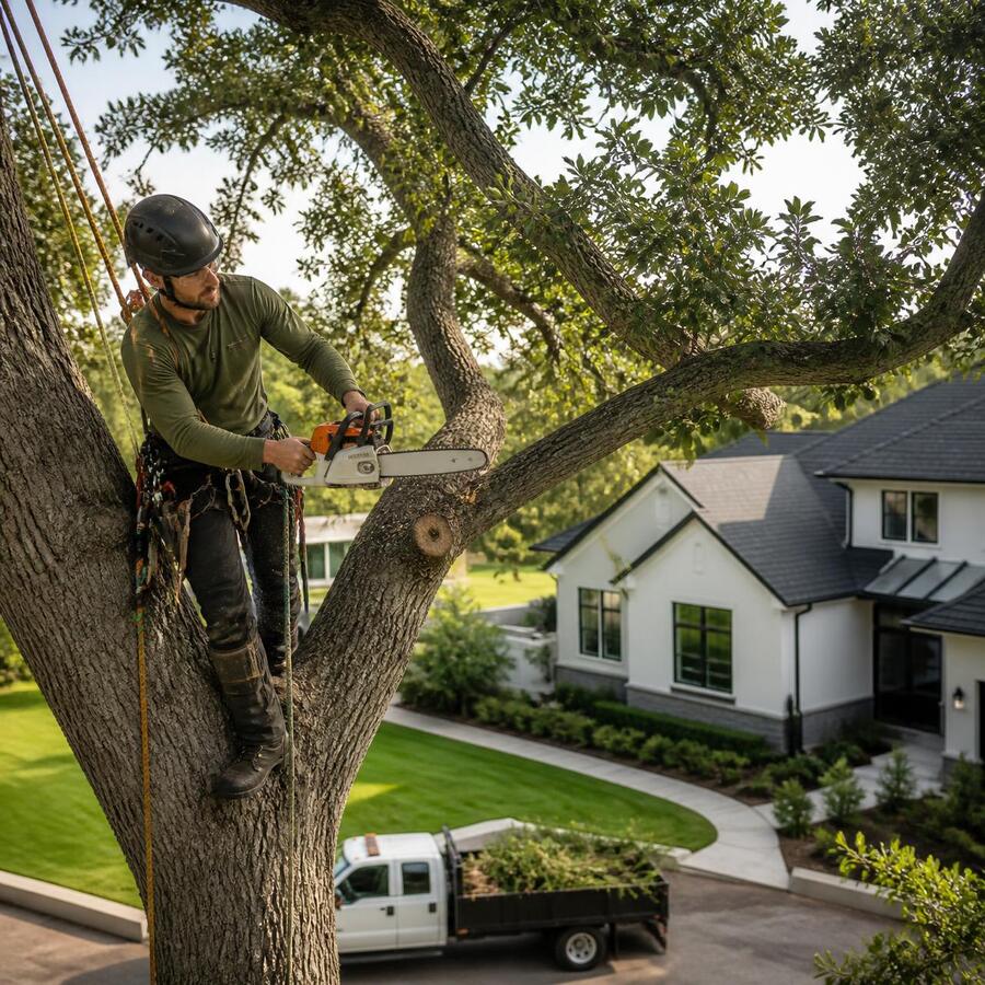 Overhaul arborist safely trimming a large oak on a residential property